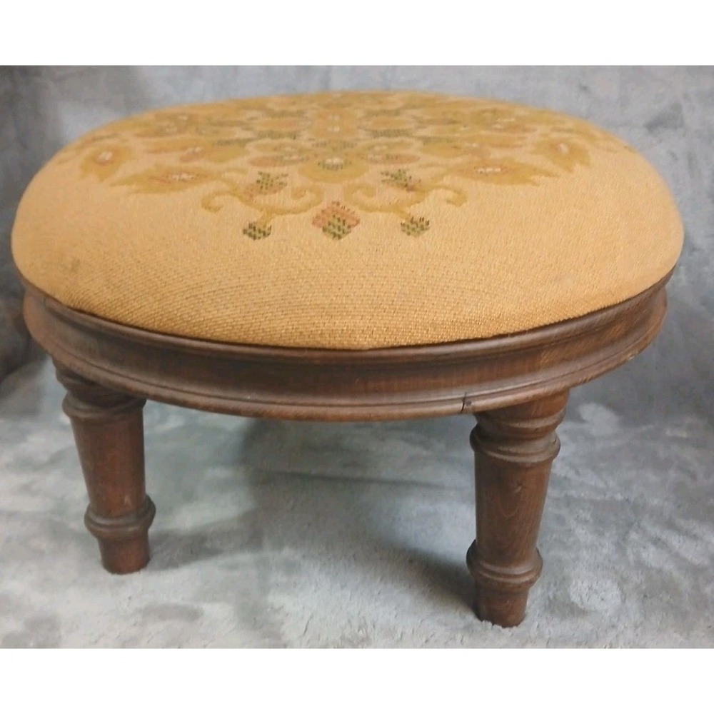 Vtg Ethan‎ Allen Wood Footstool Turned Leg Original Needlework Upholstery READ